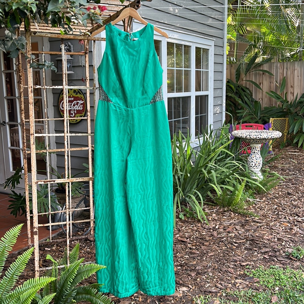 NWT Maria Valentina sleeveless mesh beaded sides full shiny green pantsuit